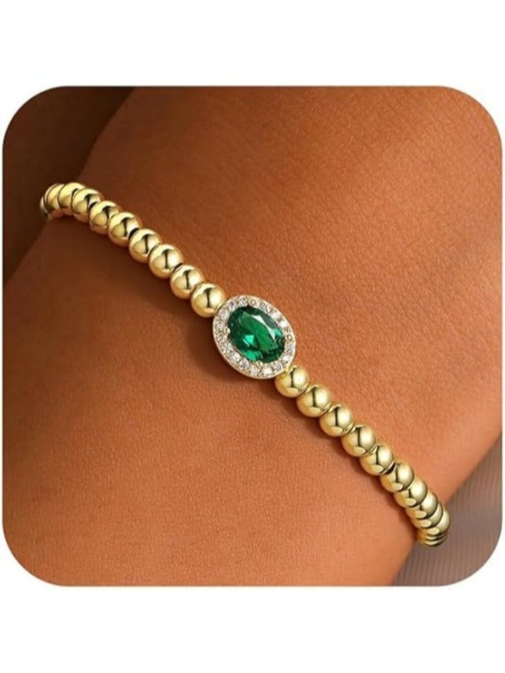 05-May-Lab Emerald Birthstone Beaded 14K Gold Plated Oval Charm Bracelet